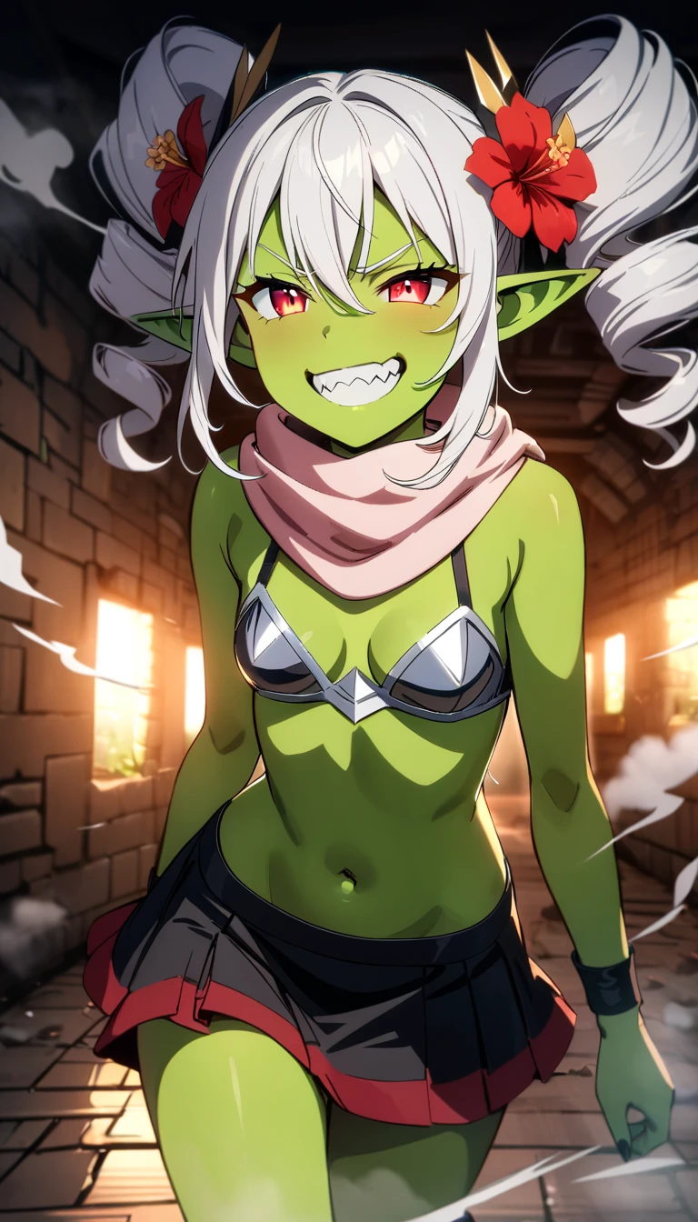 (((I want an orc woman with dark green skin, white hair and detailed yellow eyes, strong body and full breasts wearing animal skin robes)))