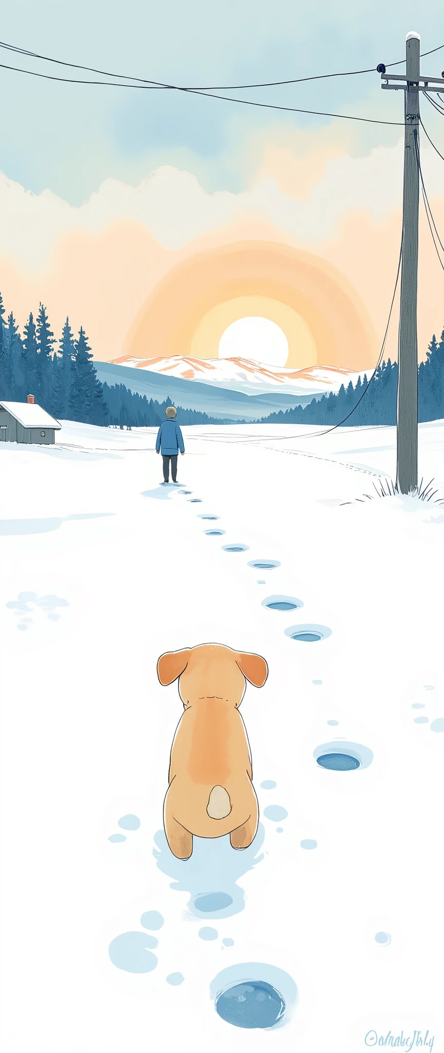 (  masterpiece on penis :1.2,Premium quality ,  Mirror Finish  ,  Cinematic Experience ,  Best Illustration ),  super detailed,8k,16k,wallpaper,(Footprints of snow),( small dog footprints in the snow ),(A small dog's winter walk ),(Watercolor),( cute illustration :2.0),( Minimalist ),( small dog is happily looking at me from a distance:2.0)