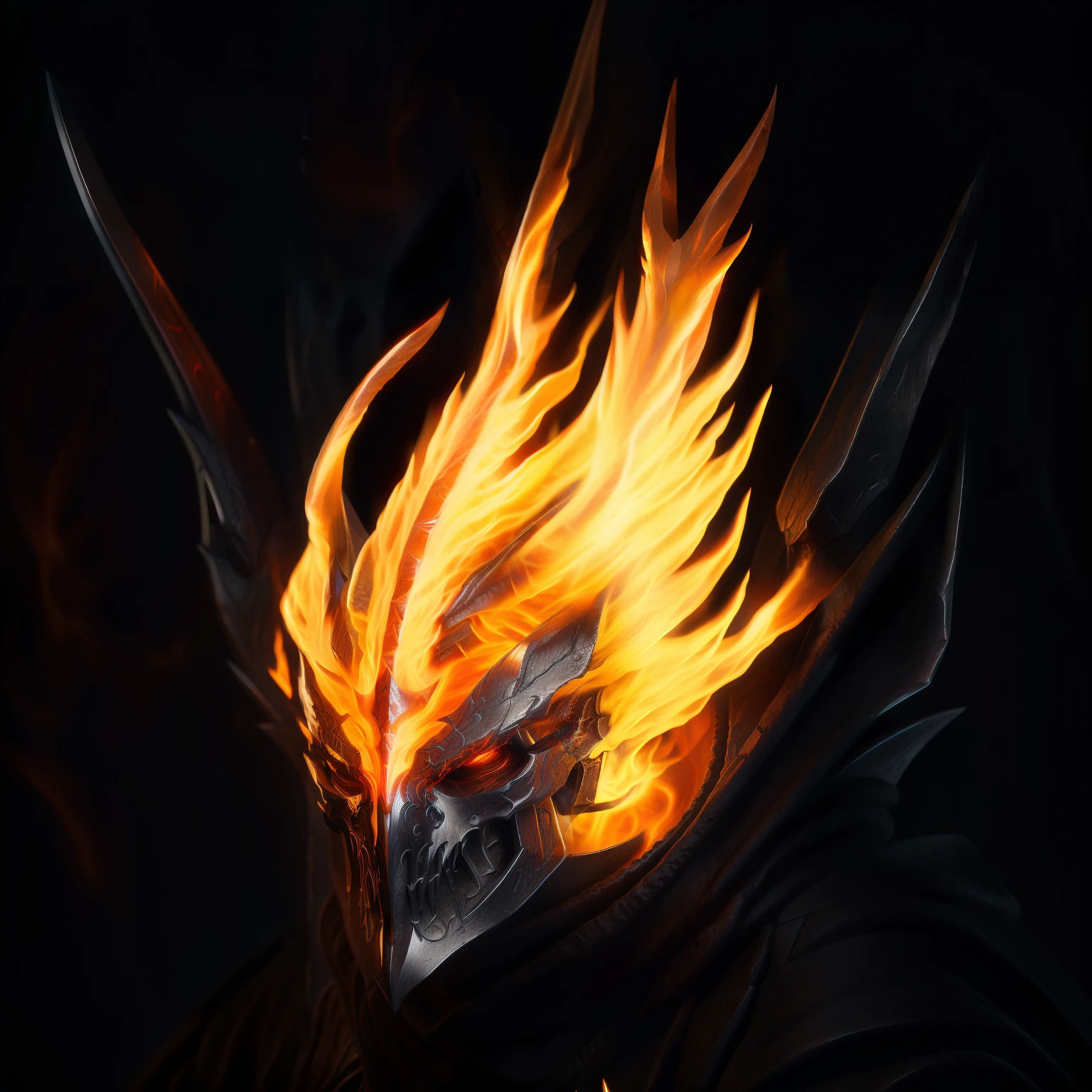  Diablo Conceptual Art ， Closeup of a Fire Mask with Flames，Metal Mask， Crimson Flame Head ， Burning Mask ， Inventory Items in Heroes ，Ghost Rider，Burning Reaper ，Flame Demon， HD，4K