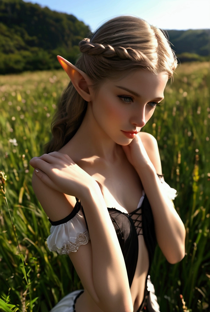 a beautiful elf girl, long white straight hair, seductive, puffy lips, youthful face, detailed body, hot slender figure, hot pose, ion fantasy field, erotic, intimate moment, dramatic angle, master's hands caressing her body, gripping, molesting, her master grabs her and pulls down her pants, she exposes her body, fantasy, high fashion, dark, victorias secret model, hot, sexy, sexual hugging from behind (sexual domination)