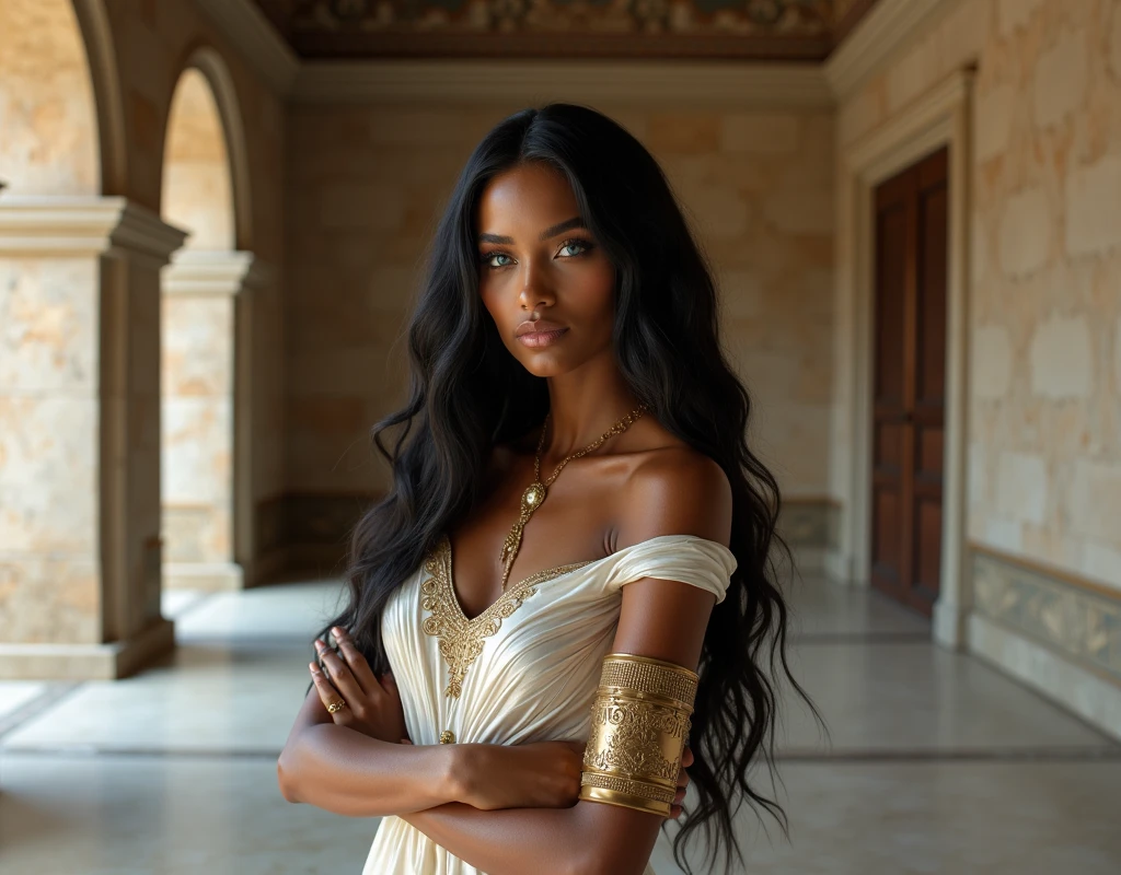 Ethiopian Queen Saba, her skin is more light, her outfit like white cotton dress, her crown like king Solomon.