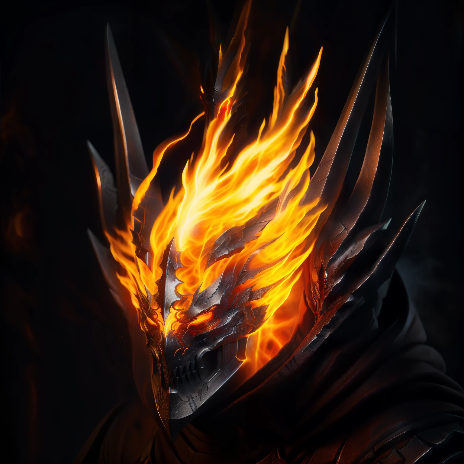  Diablo Conceptual Art ， Closeup of a Fire Mask with Flames，Metal Mask， Crimson Flame Head ， Burning Mask ， Inventory Items in Heroes ，Ghost Rider，Burning Reaper ，Flame Demon， HD，4K