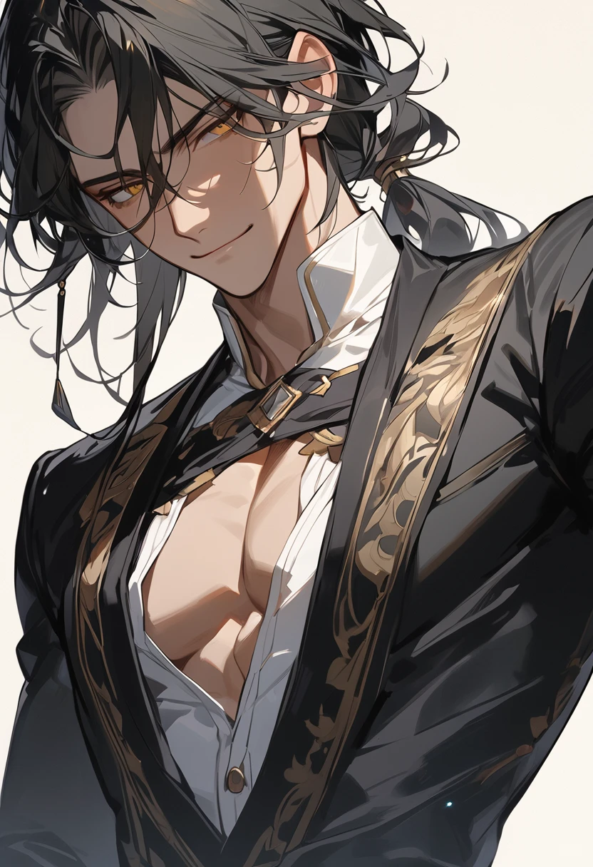 (Masterpiece, high resolution, best quality), solo, 1 male, 25-years old man, handsome, sexy, tanned skin, black hair, center-parted hair, low ponytail, yellow eyes, male fantasy clothes, sly smile, half body