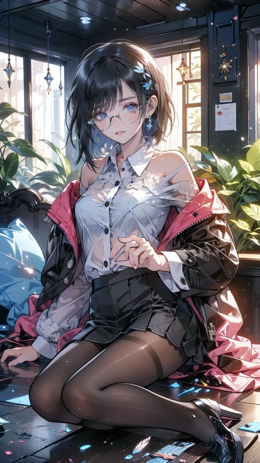 an anime girl with Glasses and a  skirt sits on ground and poses,  1 girl , Alone,  skirt,  has ,  shirt, white  shirt,  pantyhose,  red eyes, Glasses,  black hair , shoes, red  skirt, Check pattern  skirt, Viewers, Open clothes, Check pattern, collared  shirt, ,  Long Sleeve ,  closed mouth ,  sitting, black  pantyhose, indoor, bangs, short hair, 黒縁Glasses,  Brown Jacket ,  off-shoulder ,Add XL
