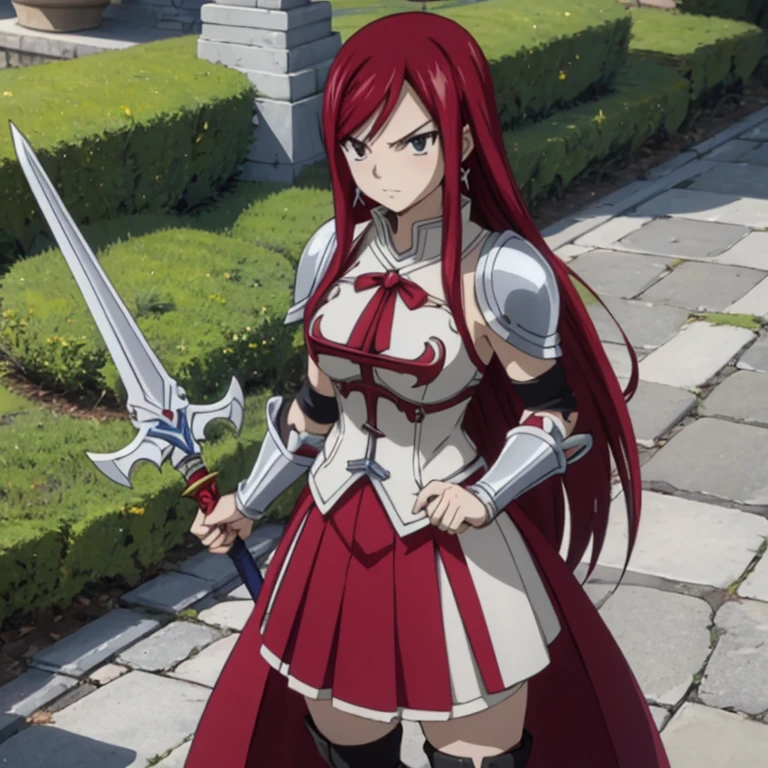 Erza Scarlet (Fairy Tail), .1girl, Solo, Masterpiece, High Resolution, Best Quality, Super Detailed, Textured Skin, Long Hair, Red Hair, Brown Eyes, Diamond-shape Silver Earrings, Heart Kreuzz Armor, Blue Skirt, Black Boots, Angry, Anger Vein, Battle Stance, Holding Sword.