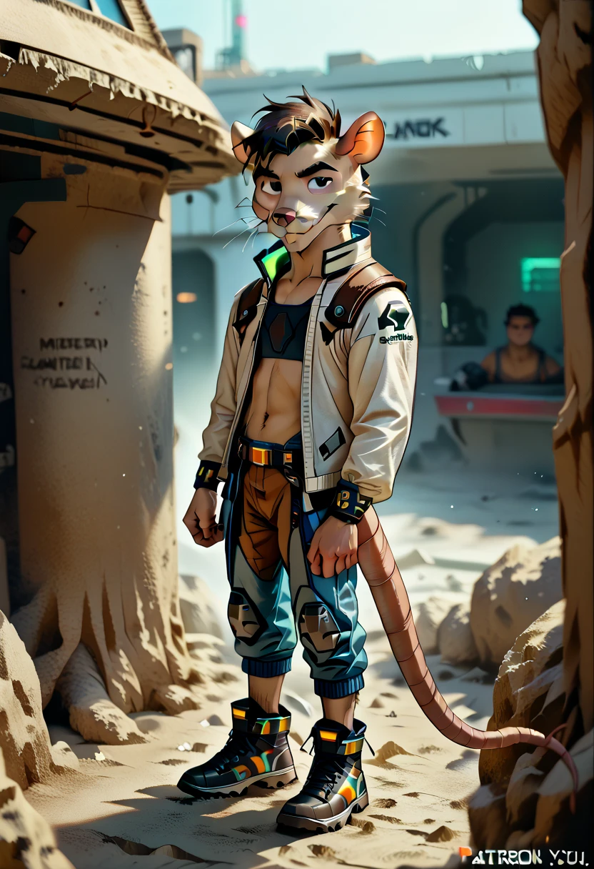 Argit,young,adventurer,adventurous,rat boy, long tail,confident expression,adventurer outfit,cyberpunk space setting,vibrant colors and tone