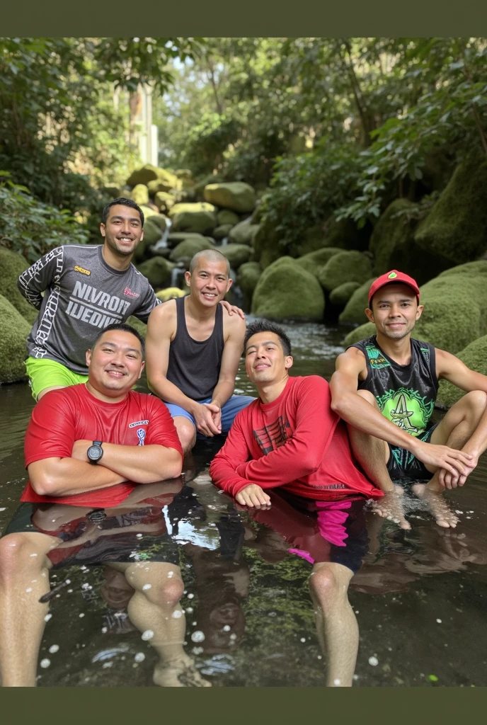 there are many people standing on a rock in the water, next to a waterfall, with a waterfalls, with waterfalls, with waterfalls and river, in a cave with the waterfall, in jungle forest !!!, playing in waterfalls, group photo, in a river in the jungle, waterfalls in the background, on a floating rock island, on a rock