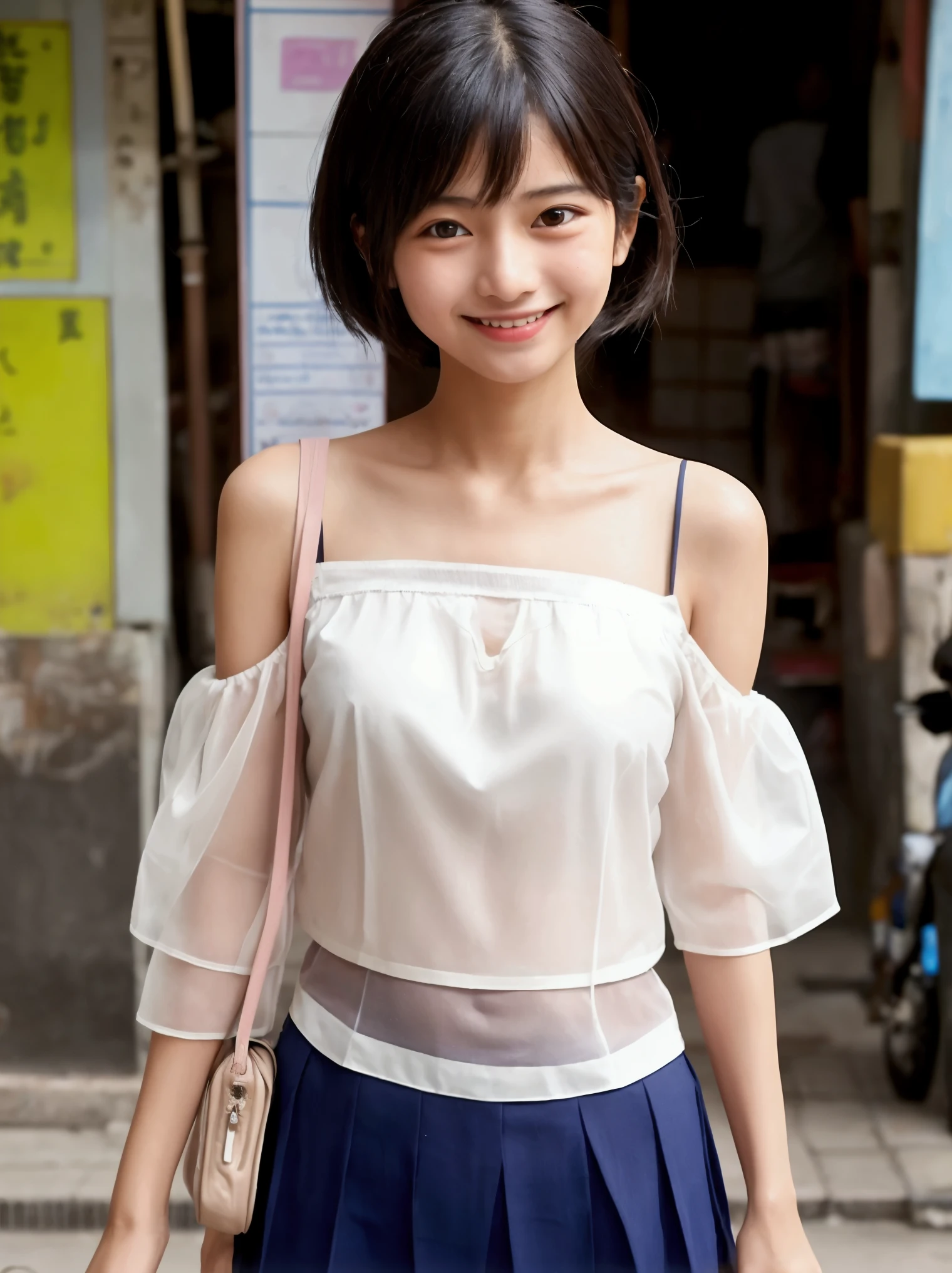 150cmD cup short hair white blouse The blouse is sheer The camisole is slightly visible through the blouse. brown hair look at the camera Take-out Protect yourself from rain high school girl 12 Yin Zicai smile whole body The feeling of beautiful human skin mini skirt thin legs