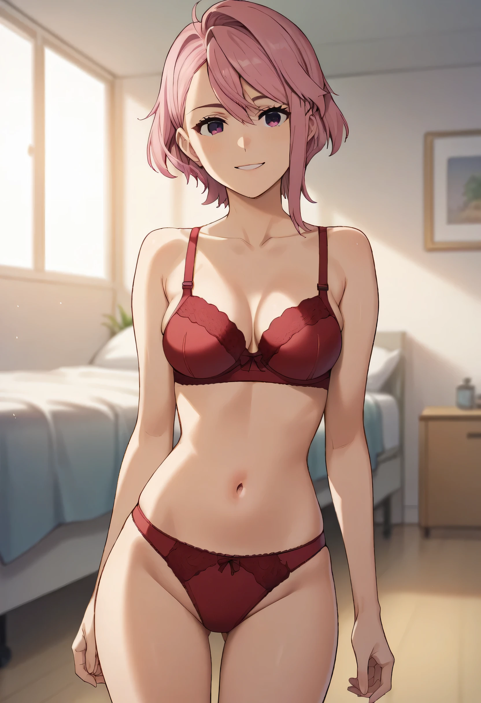 score_9, score_8_up, score_7_up, source_anime, 1girl, solo, looking at viewer, light smile, indoors, aira shiratori, pink hair, short hair, pink eyes, red bra, red panties, medium breasts, bedroom, standing