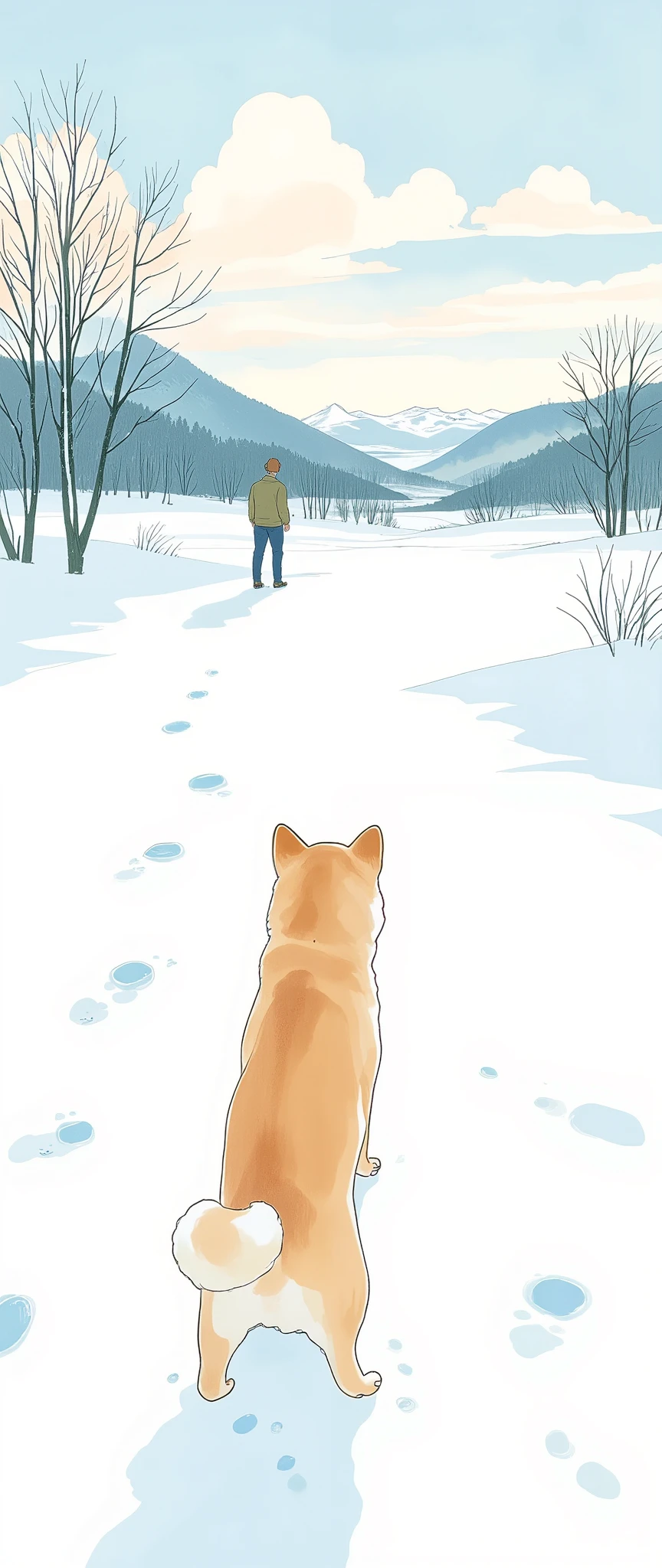 (  masterpiece on penis :1.2,Premium quality ,  Mirror Finish  ,  Cinematic Experience ,  Best Illustration ),  super detailed,8k,16k,wallpaper,(Footprints of snow),( footprints of small black Shiba Inus on the snow),(A small dog's winter walk ),(Watercolor),( cute illustration :2.0),( Minimalist ),( Small dog is looking at the back of its owner in the distance:2.0),(Back view of a small dog :2.0)