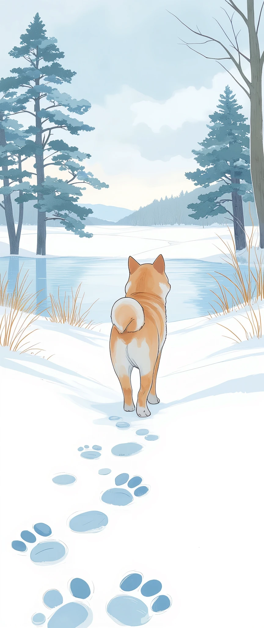 (  masterpiece on penis :1.2,Premium quality ,  Mirror Finish  ,  Cinematic Experience ,  Best Illustration ),  super detailed,8k,16k,wallpaper,(Footprints of snow),( footprints of small black Shiba Inus on the snow),(A small dog's winter walk ),(Watercolor),( cute illustration :2.0),( Minimalist ),( Small dog is looking at the back of its owner in the distance:2.0),(Back view of a small dog :2.0)