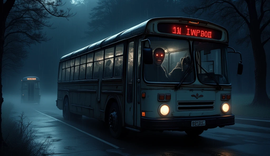  Draw a bus old creepy looking ,  with chipped paint and dim, flickering headlights .  This bus drives through foggy forest streets at night ,  with a heavy rain atmosphere .  From inside the window glass of the bus ,  visible shadows of creepy-looking passengers' faces ,  with empty eyes and a creepy smile .

In front of the bus ,  there is a figure of a man with a face pale and bright red eyes ,  dressed in a shabby driver's uniform ,  stood next to the open bus door ,  waved towards the camera ,  as if calling .  Color shades are predominantly dark blue and gray with contrasting red light from the driver's eyes and the bus's interior lights.

 Add a large caption above or below the image :
" Don't Get on the Bus This :  The Curse of Mr. Imran "
 with a creepy font in red or orange ,  lit faintly like fire .