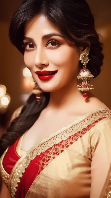 (masterpiece, best quality:1.2), 1girl, solo, Detailed eyes and lips, 8k, high quality, cute smile, looking at viewer, intricate details, cinematic lighting, red lips, realistic portrait, full body portrait, wearing red saree, elegant pose, broad shoulders, hourglass figure.