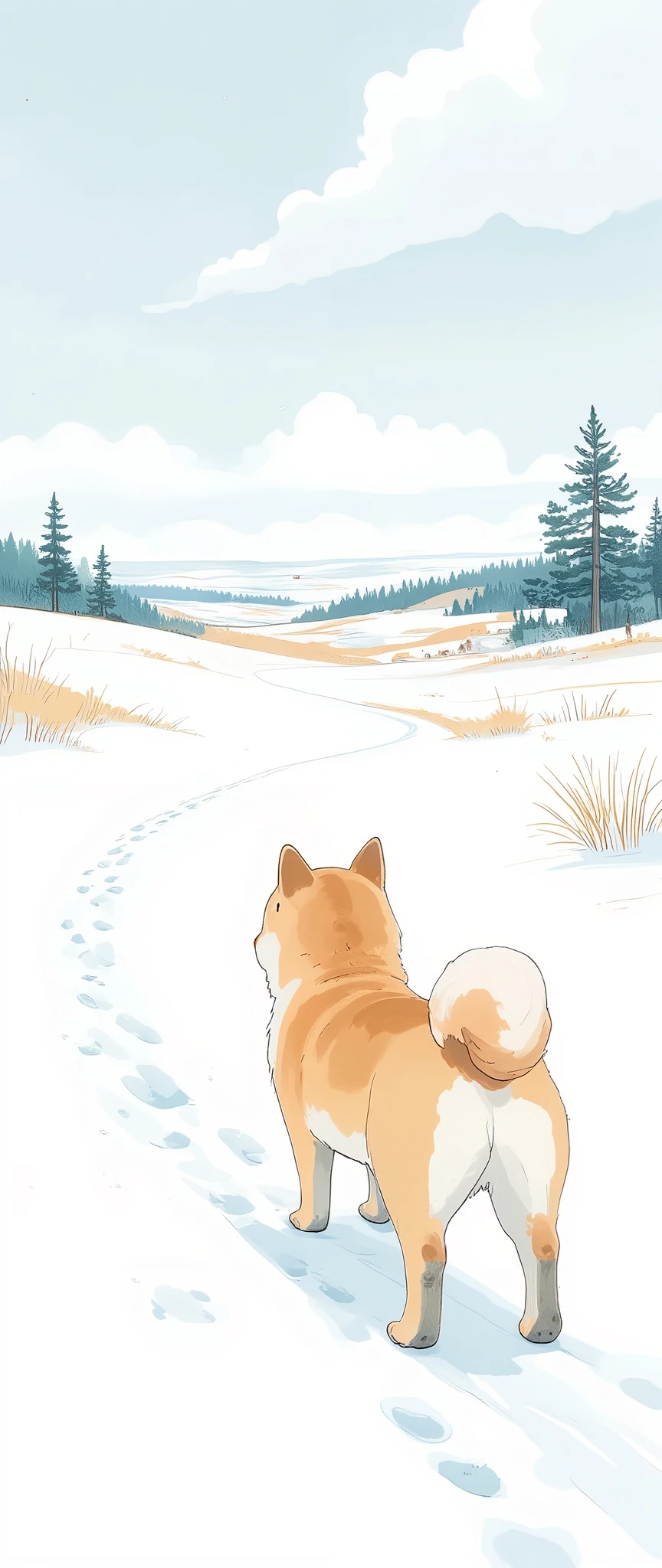 (  masterpiece on penis :1.2,Premium quality ,  Mirror Finish  ,  Cinematic Experience ,  Best Illustration ),  super detailed,8k,16k,wallpaper,(Footprints of snow),(The trajectory of small Shiba Inu footprints on snow:2.0),(A small dog's winter walk ),(Watercolor),( cute illustration :2.0),( Minimalist ),( Small dog is looking at the back of its owner in the distance:2.0),(Back view of a small dog :2.0)