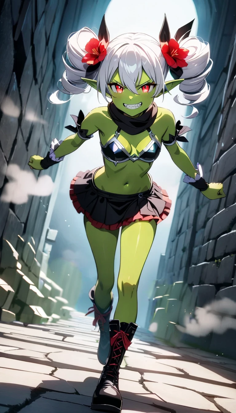 one person、male、zed obrien、Green Skin、Exact finger count、Exact number of legs、Exact number of arms、(((Exposed light pink lace underwear)))、garter belt、Knee-high socks、White bra with ribbon、On stage under the spotlight、party、Bust Up Illustration、Mini skirt showing underwear