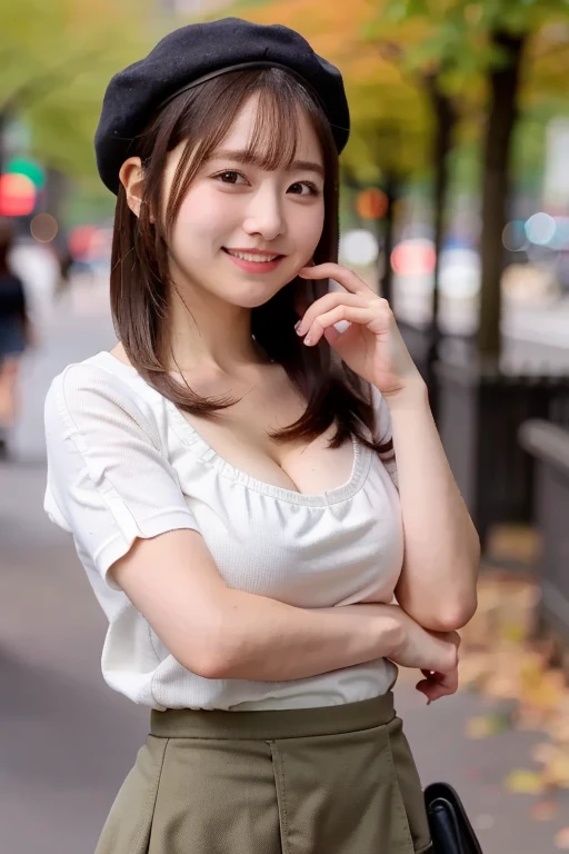 (Masterpiece,  best quality, Perfect Anatomy,  highres icon, 8k, realistic, photo realistic, natural skin texture, no makeup:1.2),  Japanese girl stopping in downtown and holding a handyphone, age20, (very cute:1.2), shy smile, (large breasts and perfect style:1.2), (mini skirt:1.5), I'm wearing earth-colored long-sleeved clothes, (handyphone ), (beret:1.2), Bobhair, autumn, at Tokyo downtown,  (looking at viewer:1.5), side shot, cowboy shot, natural light, erogao , jp idol, tanukigao