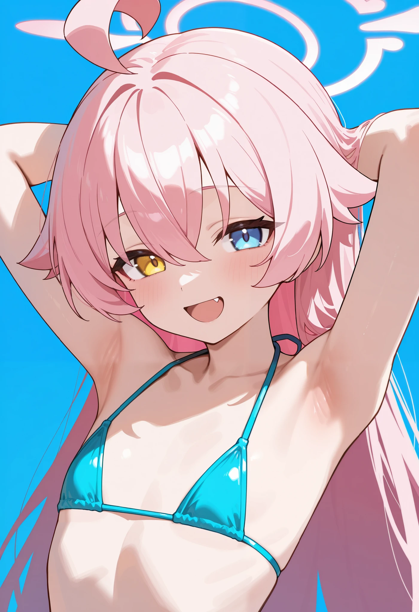 (masterpiece, best quality, high quality, highres, ultra-detailed), 1girl, Hoshino, pink hair, solo, heterochromia, long hair, blue eyes, fang, ahoge, yellow eyes, looking at viewer, hair between eyes, flat chests smile, upper body, open mouth, pink halo, arms up, armpits focus, micro bikini, simple background
