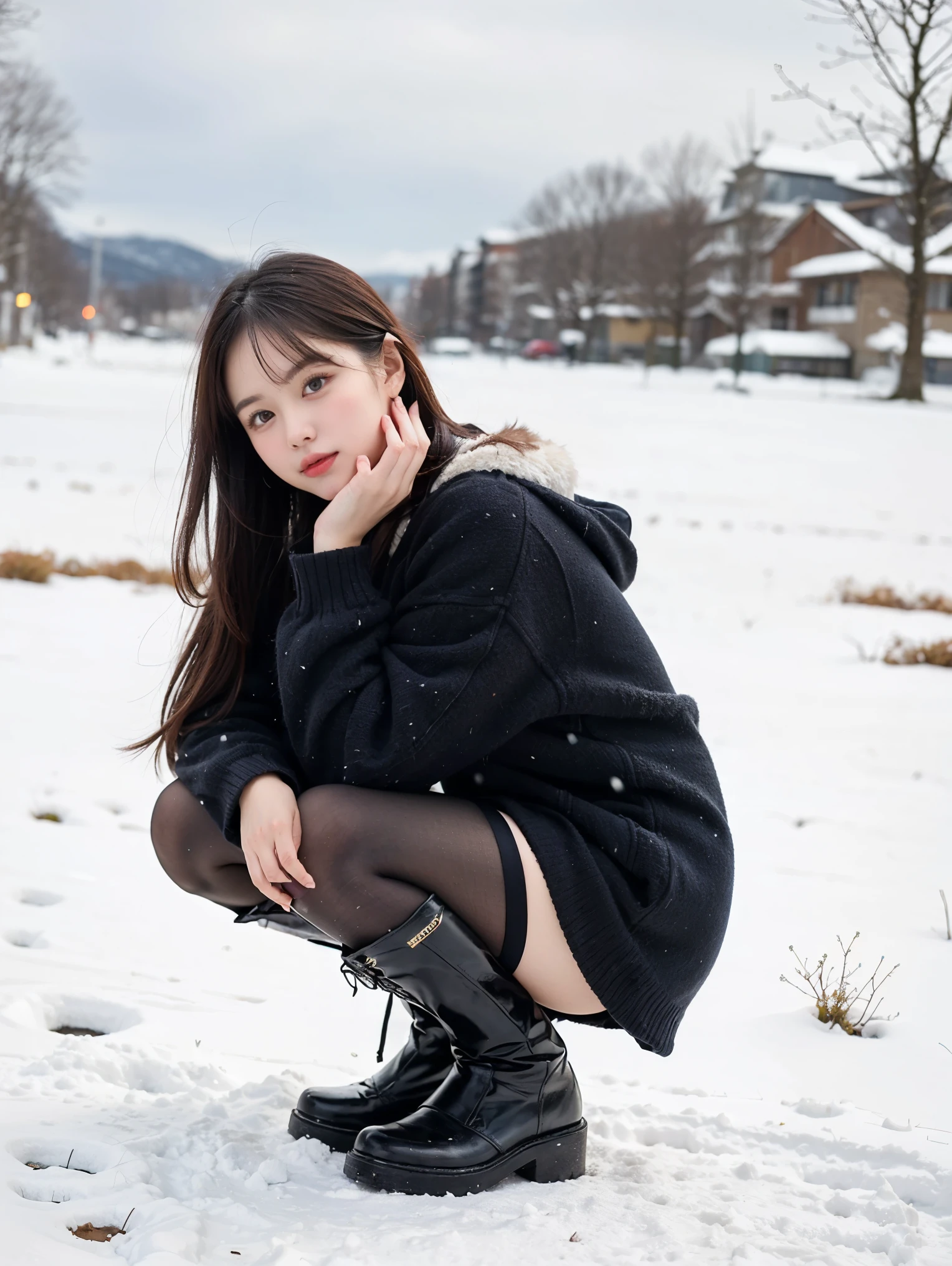 (masterpiece:1.1, Best Quality:1.1, 16K HDR, High resolution), (1girl in, Solo), (Super Beautiful Japan Woman, Mature, Older, A MILF), (Black hair, Knitted Cap:1.3), (rucksack, Winter scarves, turtle necked sweater, Down jacket, puffer jacket, Mini skirt, Black pantyhose, Mountain boots, earrings), gigantic cleavage, Colossal tits, Huge boobs, huge-breasted, ((squatting up skirt pose)), Abandoned wooden hut, snow mountains, (Perfect slim body:1.1), hyper detailed face, Detailed eyes, Realistic skin texture,
