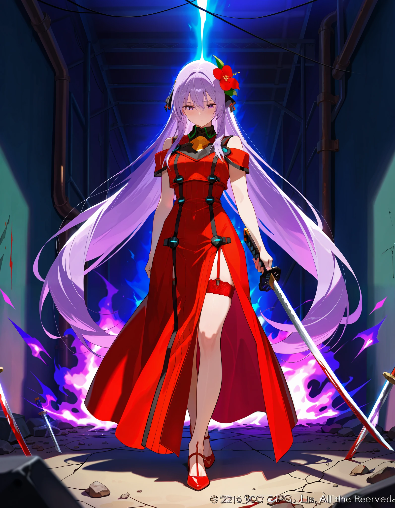 Girl, long lilac hair, red flower on head, lilac eyes. Tattered, red short ribbed satin dress. On her right hip is a red wedding garter. On left leg knives. On her arms, metal chains in blood. The red dress is fluttering in the wind. An aura of purple colour emanates around. In the background are green meadows, an alley and trees. Front view, straight ahead. Standing straight with feet shoulder width apart, head down, looking straight ahead. In his hand he holds a katana with the point downwards. The ground is cracking under his feet, purple flames are coming out of the cracks. Leaves are flying behind him. On the ground lie dead warriors in armour. Facial expression, rage, aggression. Poster.