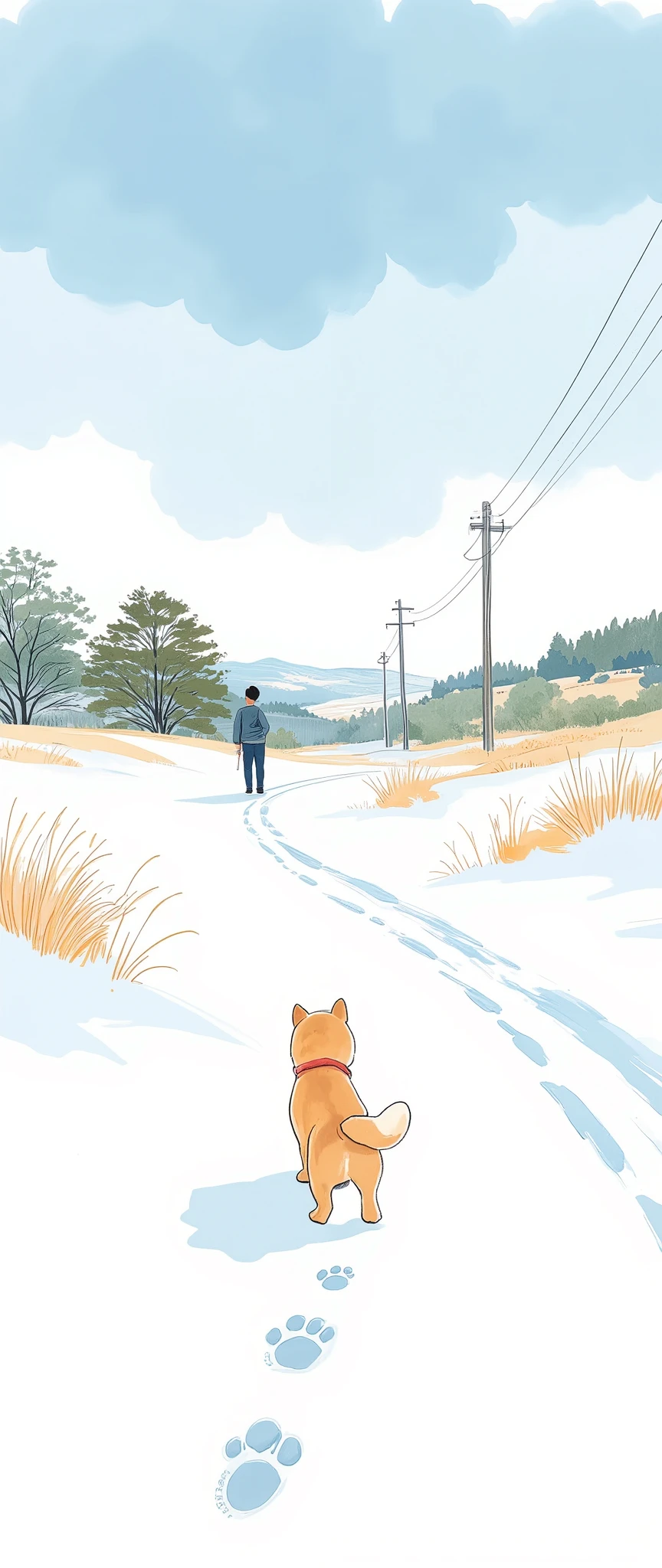 (  masterpiece on penis :1.2,Premium quality ,  Mirror Finish  ,  Cinematic Experience ,  Best Illustration ),  super detailed,8k,16k,wallpaper,(Footprints of snow),(The trajectory of small Shiba Inu footprints on snow:2.0),(A small dog's winter walk ),(Watercolor),( cute illustration :2.0),( Minimalist ),( Small dog is looking at the back of its owner in the distance:2.0),(Back view of a small dog :2.0)