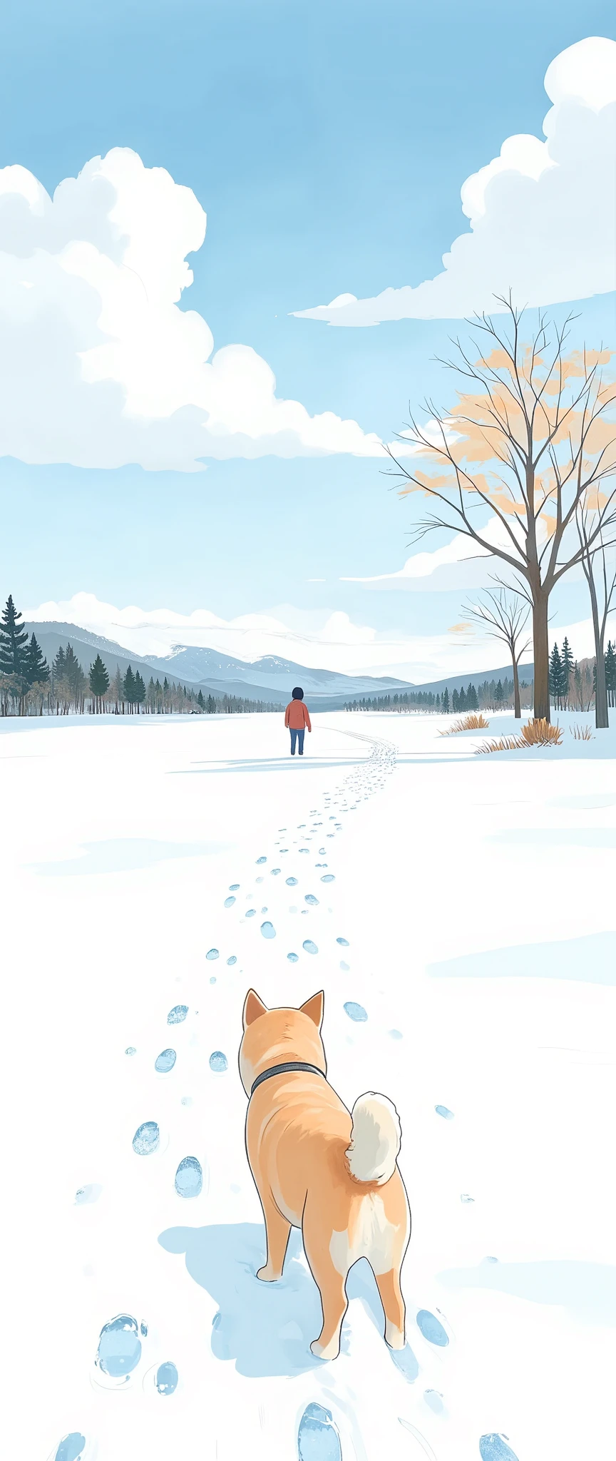 (  masterpiece on penis :1.2,Premium quality ,  Mirror Finish  ,  Cinematic Experience ,  Best Illustration ),  super detailed,8k,16k,wallpaper,(Footprints of snow),(The trajectory of small Shiba Inu footprints on snow:2.0),(A small dog's winter walk ),(Watercolor),( cute illustration :2.0),( Minimalist ),( Small dog is looking at the back of its owner in the distance:2.0),(Back view of a small dog :2.0)