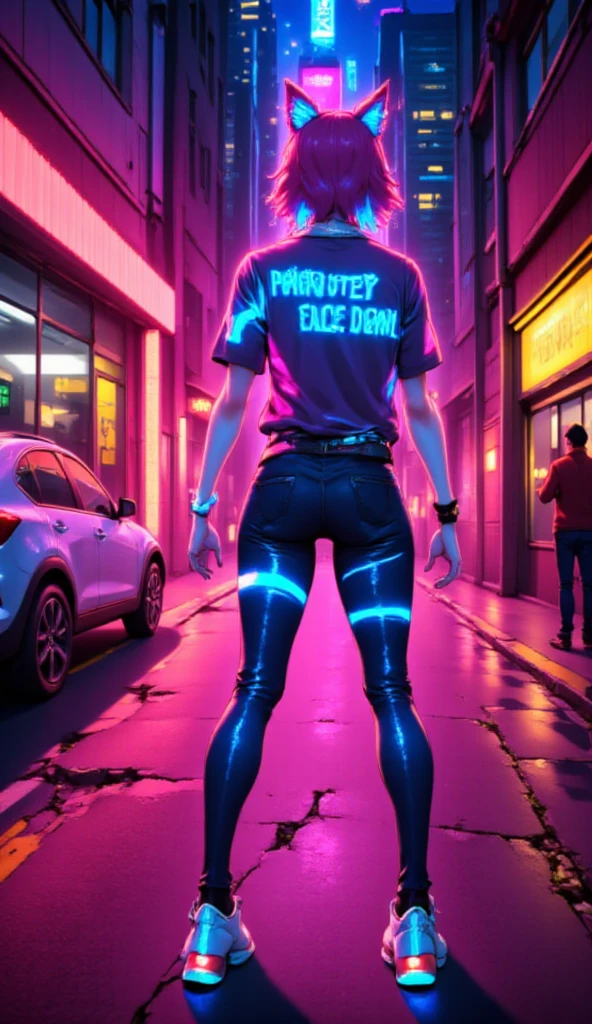 anime парень, road, sidewalks , city,  Neon text on a t-shirt : AvasKorpion , neon sneakers ,  neon outline,, Night.anime,  stands in front of the camera ,  стиль anime, 2d,  looks at the viewer, Wolf ears,  Multicolored hair, neon lines 