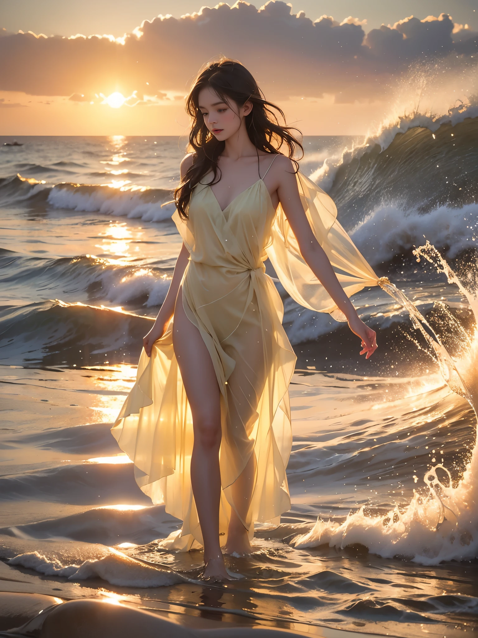 Sweet girl clothes9,yellow dress, (photorealistic:1.2), professional photography of a beautiful female model lying where ocean meets beach, (waves washing over body:1.3), full body shot, wet skin glistening, long slender legs, perfect leg anatomy, (water splashing:1.2), (wet fabric clinging to body:1.2), (wet hair:1.2), shallow waves rolling over sand, water droplets on skin, foam and bubbles, dynamic water motion, late afternoon sunlight, sharp focus on entire body, 8k uhd, cinematic lighting, high end fashion photography, (water refraction:1.1), glistening water effects, wet sand texture, dramatic beach scene