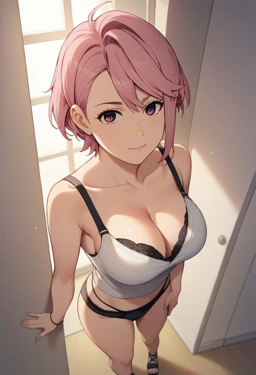 score_9, score_8_up, score_7_up, source_anime, 1girl, solo, looking at viewer, light smile, indoors, aira shiratori, pink hair, short hair, pink eyes, medium breasts, bedroom, casual clothes, CLEAVAGE, big breasts, bra peek, standing, from above, black thong, black thong lingerie