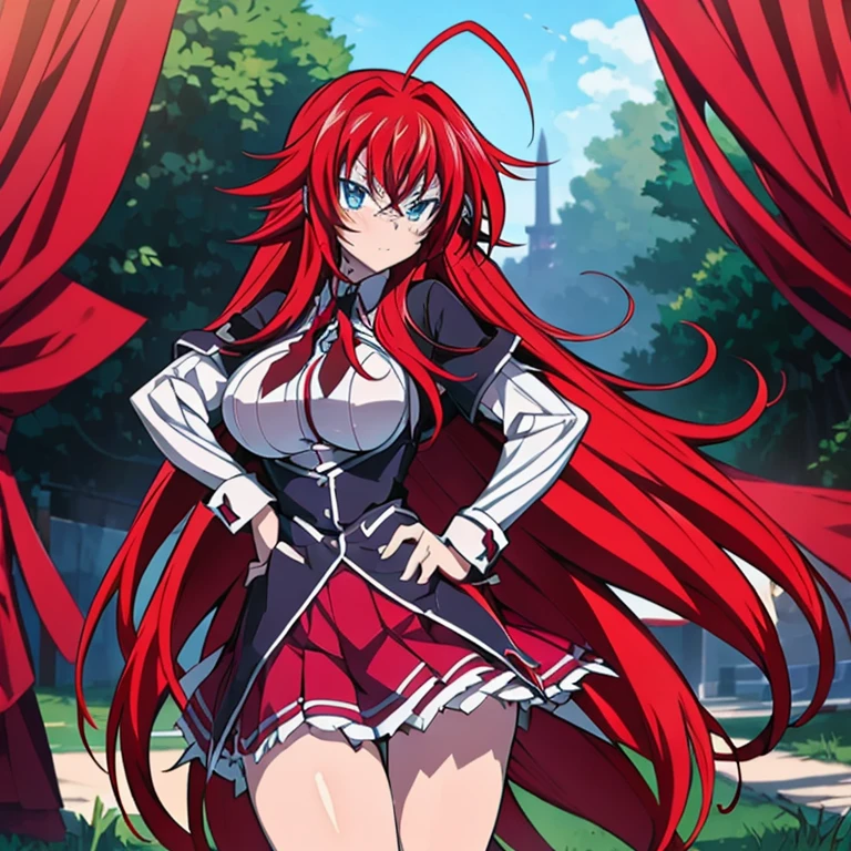 Rias Gremory (High School DxD), 1girl, Solo, Masterpiece, High Resolution, Anatomically Correct, Best Quality, Super Detailed, Textured Skin, Long Hair, Red Hair, Messy Hair, Blue eyes, Large breasts, Diamond-shape Earrings, Anger Vein, Angry, Hold right arm, Battle stance, Red Magic.