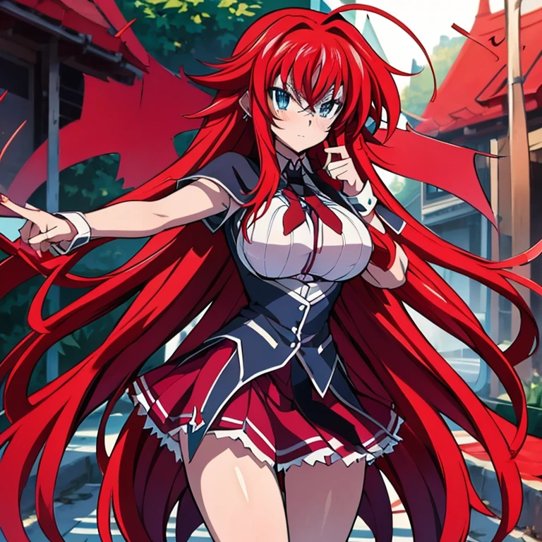 Rias Gremory (High School DxD), 1girl, Solo, Masterpiece, High Resolution, Anatomically Correct, Best Quality, Super Detailed, Textured Skin, Long Hair, Red Hair, Messy Hair, Blue eyes, Large breasts, Diamond-shape Earrings, Anger Vein, Angry, Hold right arm, Battle stance, Red Magic.