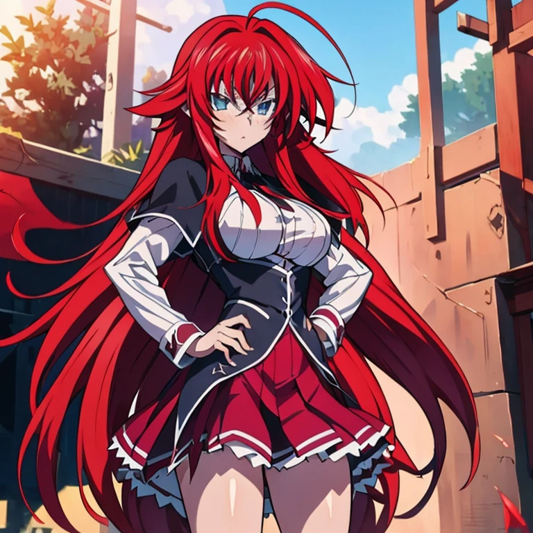 Rias Gremory (High School DxD), 1girl, Solo, Masterpiece, High Resolution, Anatomically Correct, Best Quality, Super Detailed, Textured Skin, Long Hair, Red Hair, Messy Hair, Blue eyes, Large breasts, Diamond-shape Earrings, Anger Vein, Angry, Hold right arm, Battle stance, Red Magic.