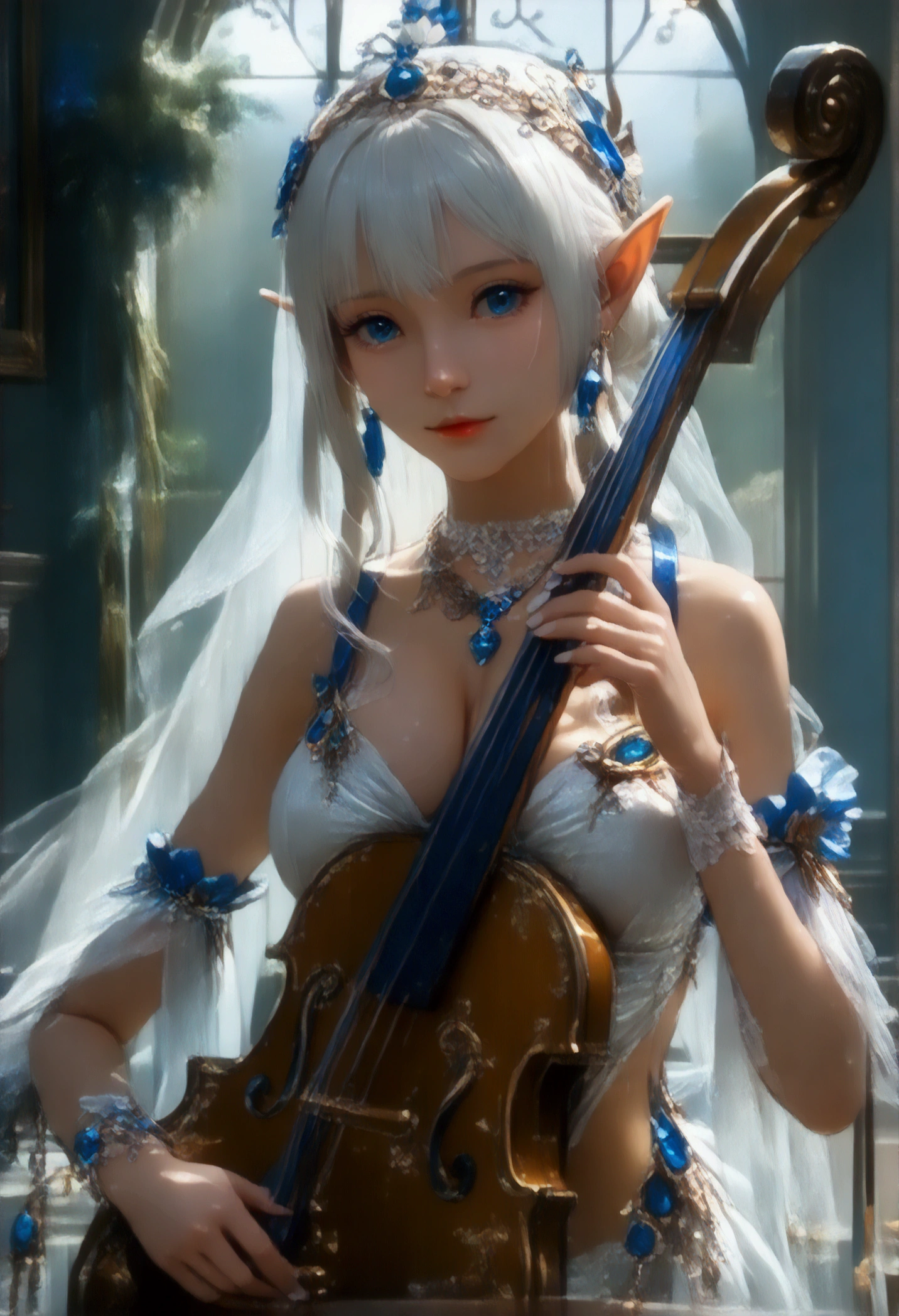 (8k, top quality, Masterpiece , Final Fantasy Style: 1.2),Atmospheric perspective, 8K, Very detailed, Accurate, Highest quality, masterpiece, Very detailed,Sharp focus, High resolution, fullbody shot of a singing female bard elf, playing a little harp, (fullbody:1.5), (nudity:1.7), Complex, Narrow Face, elegant, (full body, Wearing a sapphire necklace, wearing White lightweight dress with straps, wearing Luxuriously embroidered velvet long skirt, wearing beautifully decorated footwear:1.5), ((large breasts:1.2), (huge breasts:1.2), (Uplifted and well-defined bust:1.2), (lifted chest:1.2), (perky breasts :1.2),(deep cleavage:1.4),(nudity, exposing beasts:1.5)) and a huge waist, (sexy long legs, whole body picture:1.5), ((upper body naked, nudity, exposing beasts:1.5)), To the camera, Very detailed, Digital Painting, Art Station, Concept Art, Smooth, Sharp focus, figure, ArtJam, Greg Rutkowski, Art by Alphonse Mucha, 8K, Volumetric Fog, bloom, light, lumen, Crank blur, she is sitting on a sitting on the couch and playing the harp in a hallway lined with richly decorated stone pillars, she is playing a little harp