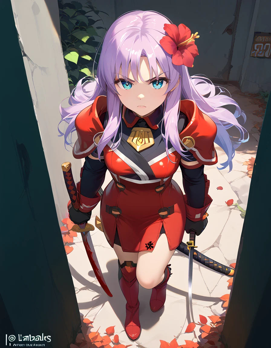 Girl, long lilac hair, red flower on head, lilac eyes. Tattered, red short ribbed satin dress. On her right hip is a red wedding garter. On left leg knives. On her arms, metal chains in blood.  The red dress is fluttering in the wind. An aura of purple colour emanates around. In the background are green meadows, an alley and trees. Front view from above, straight ahead. Standing straight with feet shoulder width apart, head down, looking straight ahead. In his hand he holds a katana with the point downwards. The ground is cracking under his feet, purple flames are coming out of the cracks. Leaves are flying behind him. On the ground lie dead warriors in armour.  Facial expression, rage, aggression. Poster.