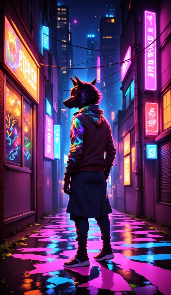 anime парень, road, sidewalks , city, Neon text on a : AvasKorpion , neon sneakers ,  neon outline,, Night.anime,  stands in front of the camera ,  стиль anime, 2d,  looks at the viewer, Wolf ears, neon lines 