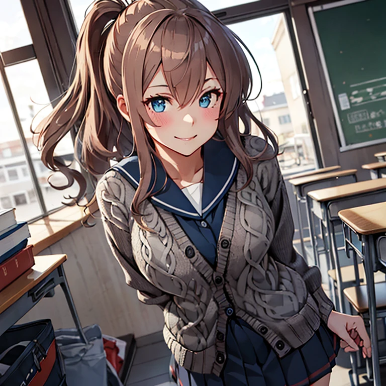 saratoga_kantaicollection
brown_hair, long_hair, ponytail, side_ponytail, hair_between_eyes, blue_eyes, breasts, sidelocks, large_breasts, 
 (masterpiece,best quality,ultra detailed,hyper detailed,exquisite,beautiful:1.4),(art CG, 8K),1girl solo,KonishiCSA, ,blush,smile,(standing:1.4),(school uniform, cardigan:1.4),tights,