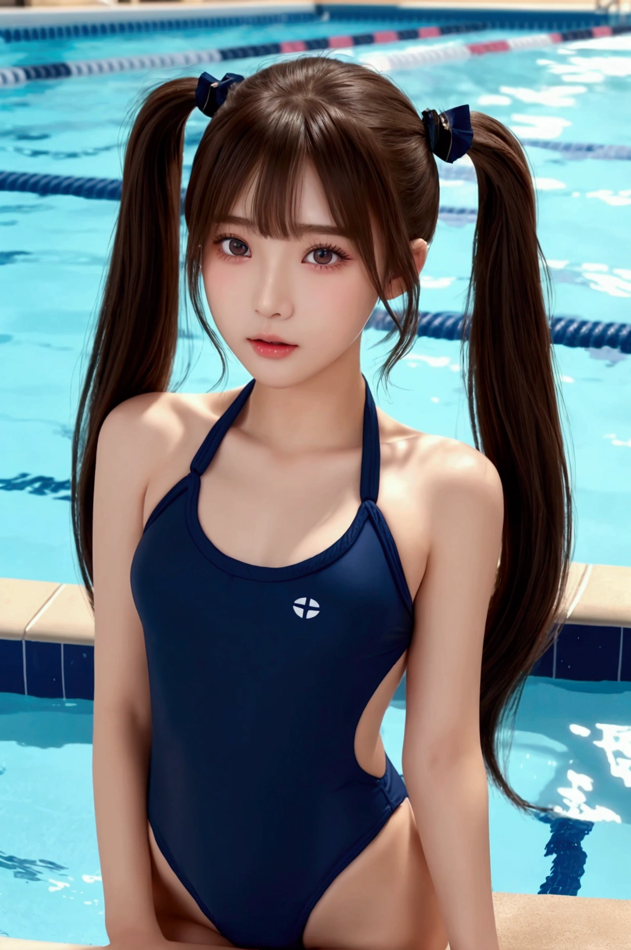 (( )、一人の  girl、(Beauty、繊細な  girl:1.3)、(:1.3)、break、(  NAVY SCHOOL SWIMSUIT  :1.3)、break、  very detailed明瞭さ、(  symmetrical eyes:1.3)、break、(  school pool  、Outdoor:1.3)、break、  small breasts、  Brown Eyes  、  twin tails、  brown hair、  girl、break、(  eye and face details :1.0)、break、(  masterpiece on penis 、  top quality、  very detailed、  detailed face  、8k)