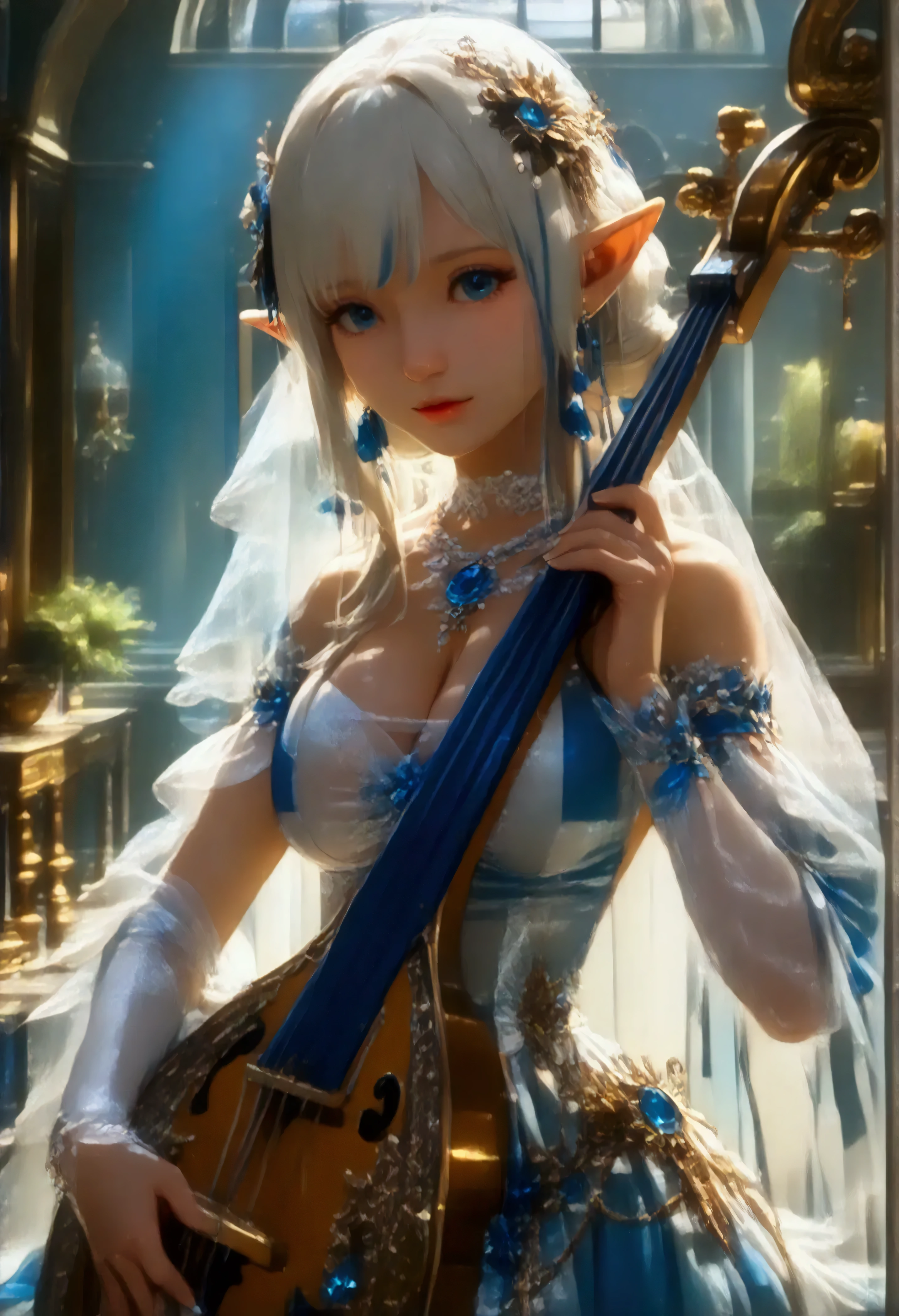 (8k, top quality, Masterpiece , Final Fantasy Style: 1.2),Atmospheric perspective, 8K, Very detailed, Accurate, Highest quality, masterpiece, Very detailed,Sharp focus, High resolution, fullbody shot of a singing female bard elf, playing a little harp, (fullbody:1.5), (nudity:1.7), Complex, Narrow Face, elegant, (full body, Wearing a sapphire necklace, wearing White lightweight dress with straps, wearing Luxuriously embroidered velvet long skirt, wearing beautifully decorated footwear:1.5), ((large breasts:1.2), (huge breasts:1.2), (Uplifted and well-defined bust:1.2), (lifted chest:1.2), (perky breasts :1.2),(deep cleavage:1.4),(nudity, exposing beasts:1.5)) and a huge waist, (sexy long legs, whole body picture:1.5), ((upper body naked, nudity, exposing beasts:1.5)), To the camera, Very detailed, Digital Painting, Art Station, Concept Art, Smooth, Sharp focus, figure, ArtJam, Greg Rutkowski, Art by Alphonse Mucha, 8K, Volumetric Fog, bloom, light, lumen, Crank blur, she is sitting on a sitting on the couch and playing the harp in a hallway lined with richly decorated stone pillars, she is playing a little harp