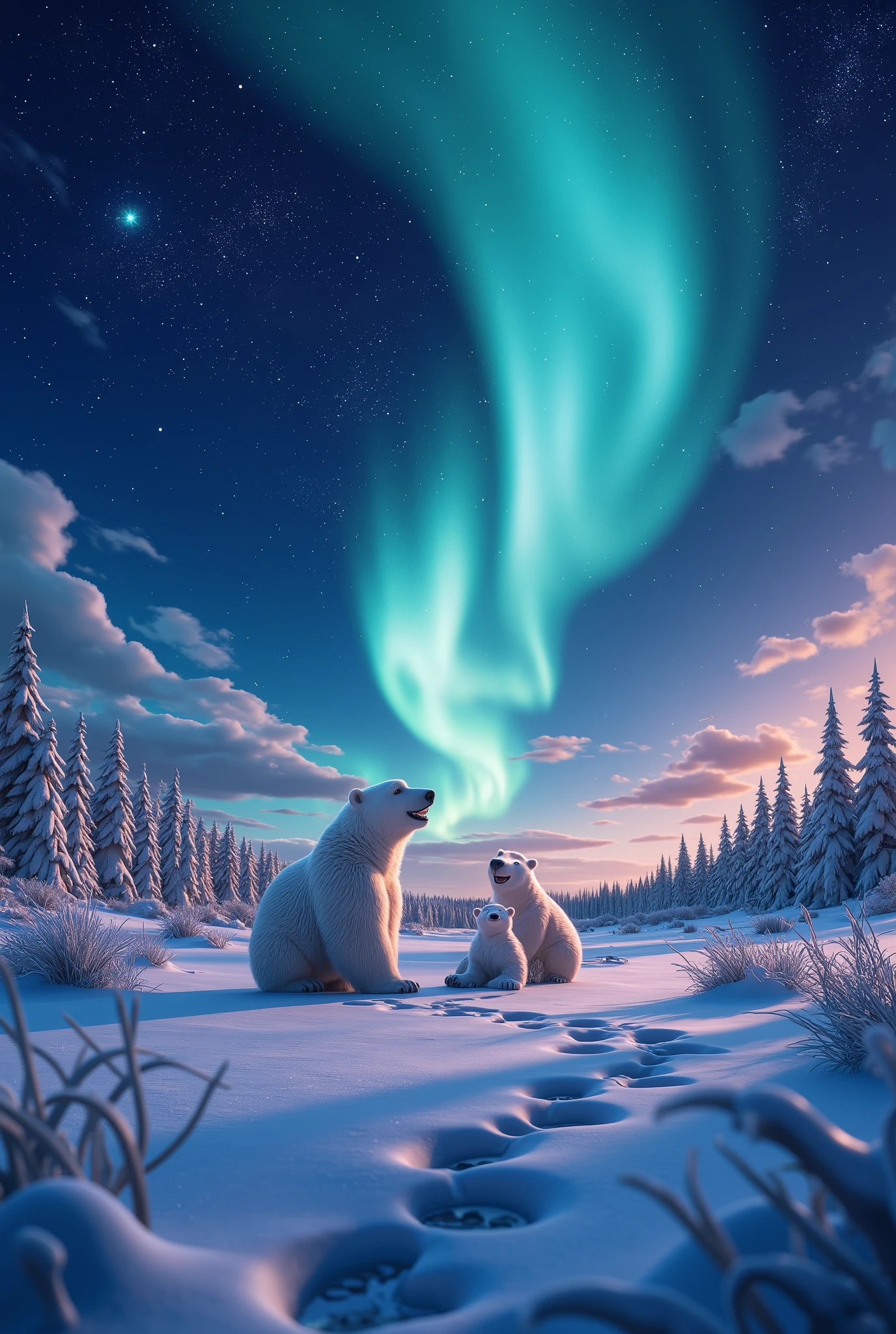 (8k, top quality, Masterpiece , Final Fantasy Style: 1.2),Atmospheric perspective, 8K, Very detailed, Accurate, Highest quality, masterpiece, A snowy field at night, a beautiful aurora and the Milky Way in the sky, silence, A snowy field covered with fresh snow with no footprints on it,Polar bear family having a snowball fight, bear footprints