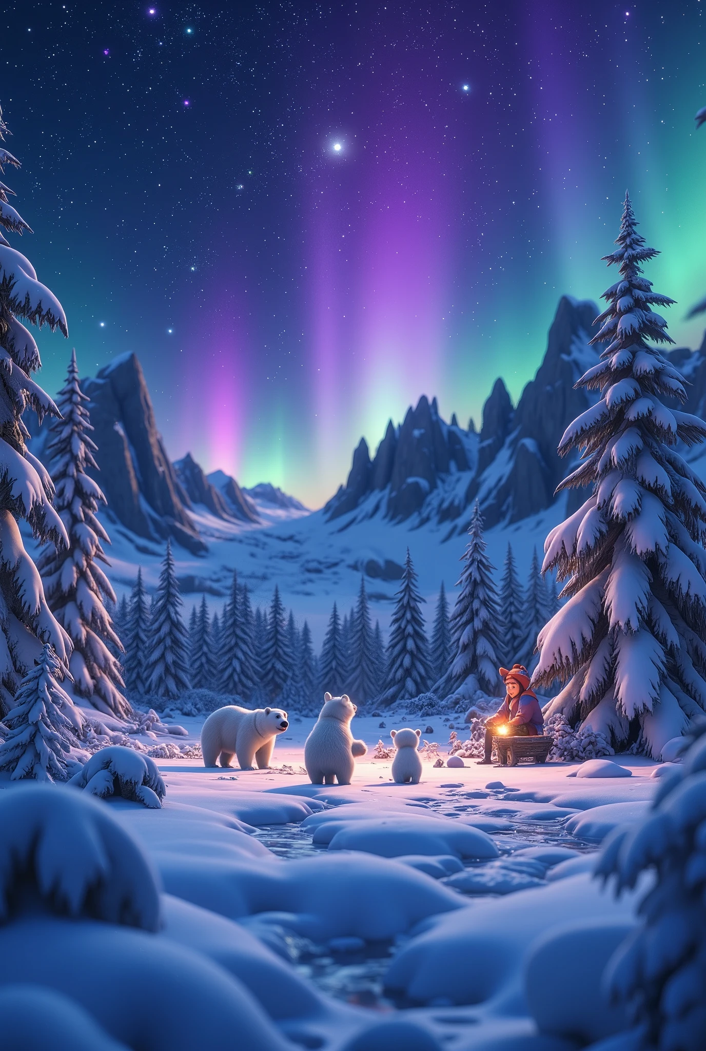 (8k, top quality, Masterpiece , Final Fantasy Style: 1.2),Atmospheric perspective, 8K, Very detailed, Accurate, Highest quality, masterpiece, A snowy field at night, a beautiful aurora and the Milky Way in the sky, silence, A snowy field covered with fresh snow with no footprints on it,Polar bear family having a snowball fight, bear footprints