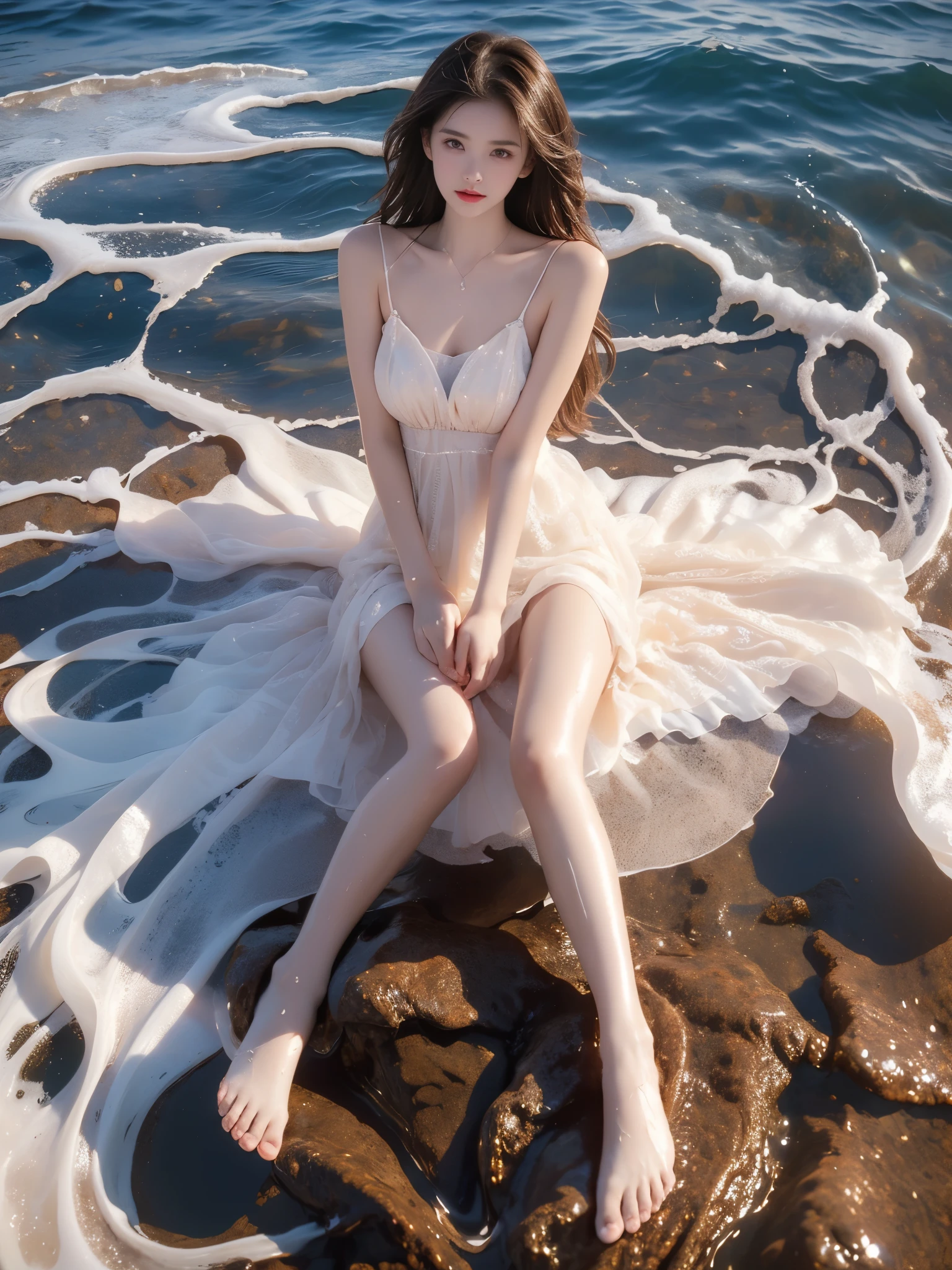  Sweet girl dress2,dress,, (photorealistic:1.2), professional photography of a beautiful female model lying where ocean meets beach, (waves washing over body:1.3), full body shot, wet skin glistening, long slender legs, perfect leg anatomy, (water splashing:1.2), (wet hair:1.2), shallow waves rolling over sand, water droplets on skin, foam and bubbles, dynamic water motion, late afternoon sunlight, sharp focus on entire body, 8k uhd, cinematic lighting, high end fashion photography, (water refraction:1.1), glistening water effects, wet sand texture, dramatic beach scene