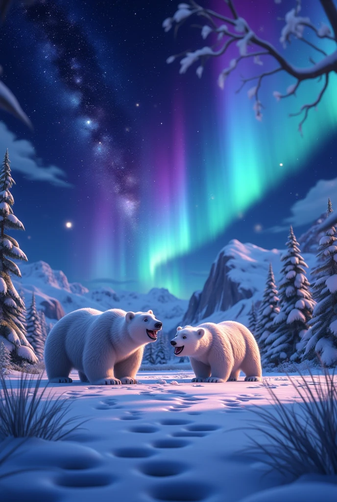 (8k, top quality, Masterpiece , Final Fantasy Style: 1.2),Atmospheric perspective, 8K, Very detailed, Accurate, Highest quality, masterpiece, A snowy field at night, a beautiful aurora and the Milky Way in the sky, silence, A snowy field covered with fresh snow with no footprints on it,Polar bear family having a snowball fight, bear footprints