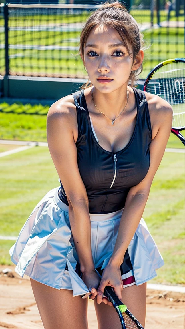 beautiful detailed eyes, beautiful detailed lips, extremely detailed eyes and face, long eyelashes, 1 girl, 18 years old, healthy thighs, beautiful legs, beautiful skin, random hair color, random hairstyle, large breasts, female tennis player, (tennis outfit:1.3), (she is standing:1.2), full body shot, shoes, (best quality,8k,ultra-detailed,masterpiece:1.3),realistic,photorealistic,photo-realistic:1.37,ultra-fine painting, vivid colors, physically-based rendering, professional, Maki Goto