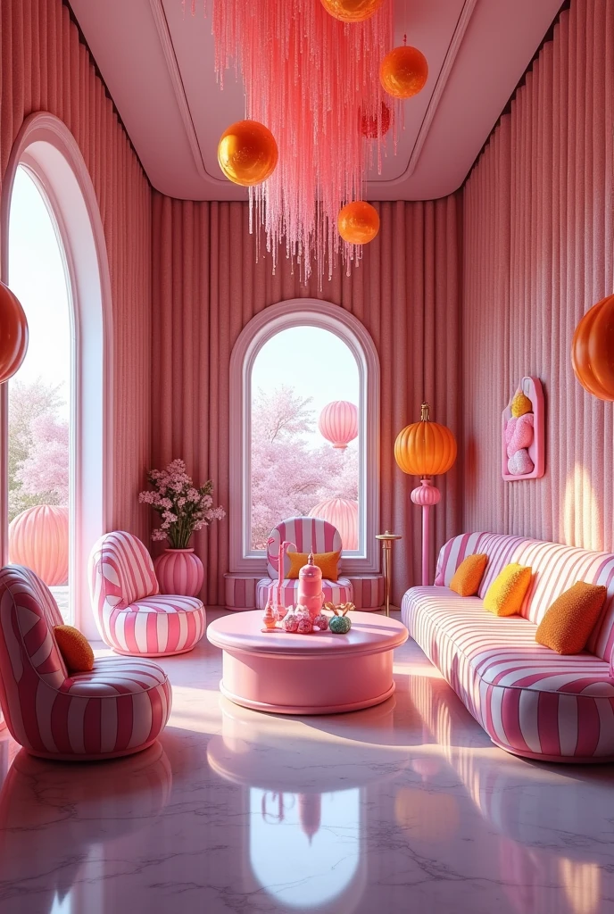 Salon d'une maison design où tout est fait en bonbon, unrealistic
