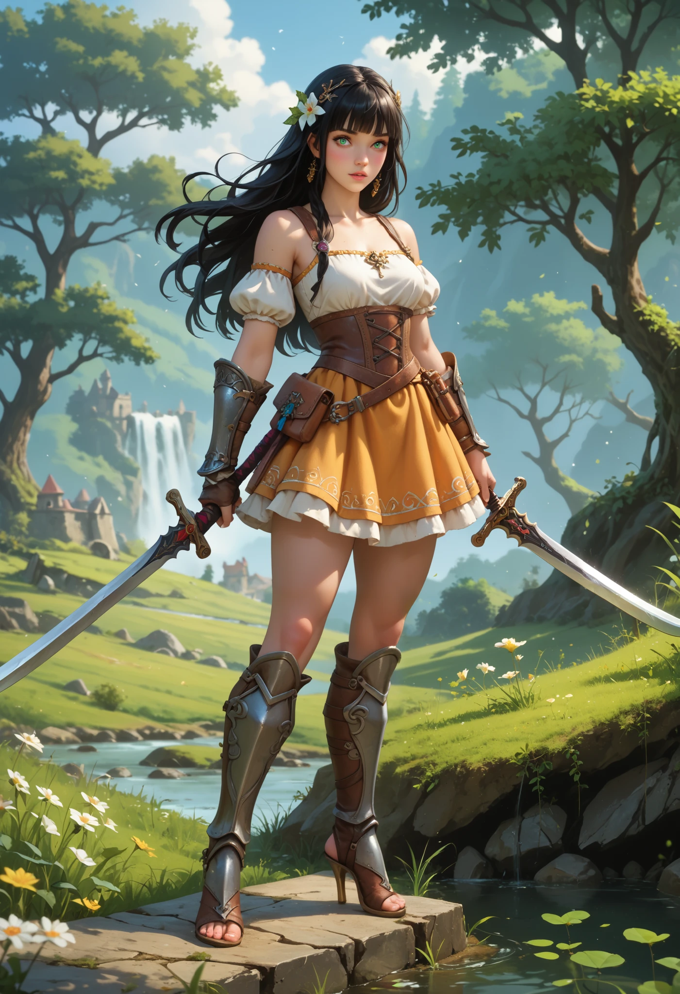 Song Eu-na is a youthful 18 yo female adventurer in a world of medieval high-fantasy story. Her job is warrior. Rocking that luscious long jet-black hair with blunt bangs and deep emerald eyes, she's also sporting a 90-62-100 B-W-H size. Her model long legs with thick thighs are to die for, both literally and figuratively. Her beauty is an epitome of natural, beauty. Her choice of armor are light and a bit revealing, western fantasy-style chest plate, mini skirt, gauntlets, heeled greaves. Sword. High fantasy-like, character for jrpg, masterpiece, best quality,