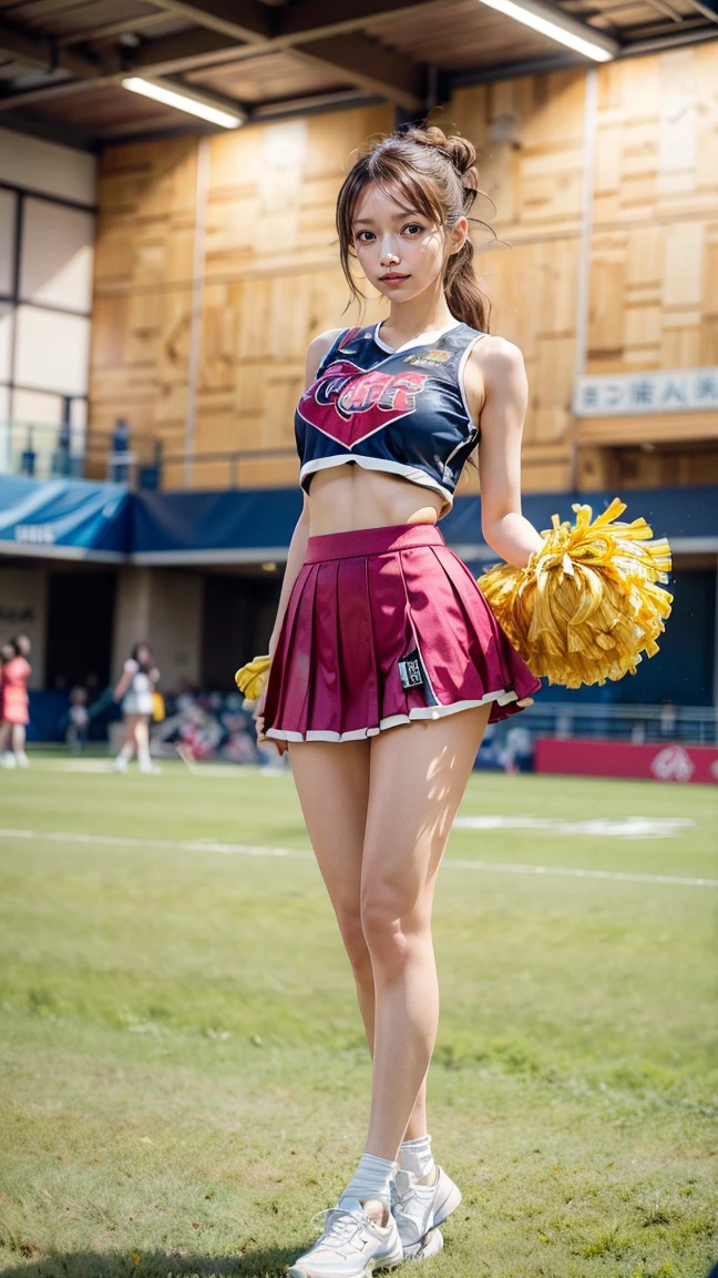 (8 thousand, RAW photos, best quality, table top:1.2), (realistic, realistic:1.37),1 girl, ((The background is a sports stadium.)), professional lighting, photon mapping, radio city, RAW photos、(realistic:1.4)、octane rendering、Highly detailed representation of complex 3D renderings, studio soft light, rim light, vivid details, super detailing, realistic 피부 질감, detail face, Beautiful eye for detail, Highly Detailed CG Unity 16K Wallpaper, assembly, (detailed background:1.2),huge breasts、((Non-breaststroke)), chest lowered by gravity, water-soaked top, rolled up, (Nipples stick to clothes), ((Please show me your panties straight)), The wind lifts my skirt. Spread your legs and cheer. best quality, Ultra A high resolution, table top, 1 girl, brown hair,(Short hair), 20 years old,((Gorgeous Cheergirl Costume、Cheerleader Outfit)), Cute face、((very short pleated skirt))、Nogizaka Idol、Chinese idols、Japanese idle, A shot showing the camera showing panties from down between the legs.., ((Show your pussy)),