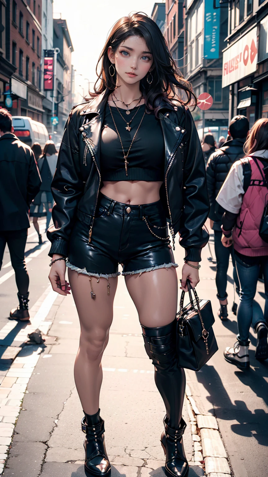 Young woman standing on the street,  blurry background, beautiful,  photorealistic、 24-year-old white woman 、 sexy proportions、 punk rock fashion 、 black shirt 、 Leather Jacket、Leather shin guards、 gorgeous makeup、 long hair、 Rosary Necklace 、Rosary Earrings、Wearing pointed bracelets on one&#39;s wrist、 High Heels Long Boots 