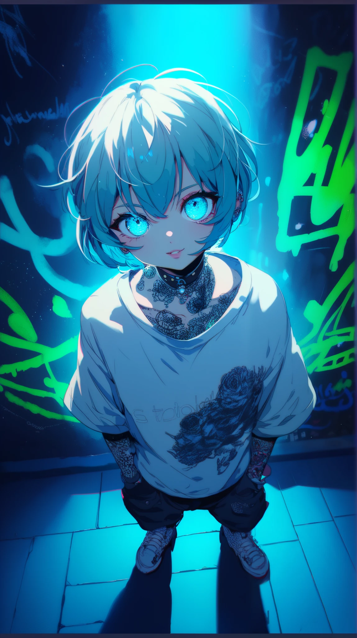 anime style, cool and edgy, cute, thicker outlines, painterly elements, fine details, soft edges, Dutch angle shot, dynamic angle, A character with light blue hair, large glowing blue eyes, and an oversized shirt, standing against a dark blue wall with neon green graffiti, vibrant, eerie, high contrast, anime style, tattos, fashionable, posing, expression, stylish, striking, modern, fashion