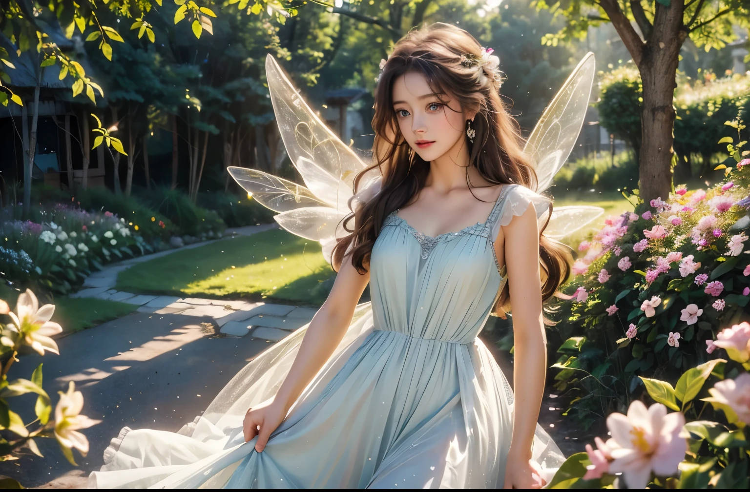 best quality, 8k, UHD, highres, masterpiece, ultra-detailed, realistic, photorealistic, photo-realistic, 1woman, long hair, fairy, in fairy village, flowers, long dress, wings, trees, small bushes