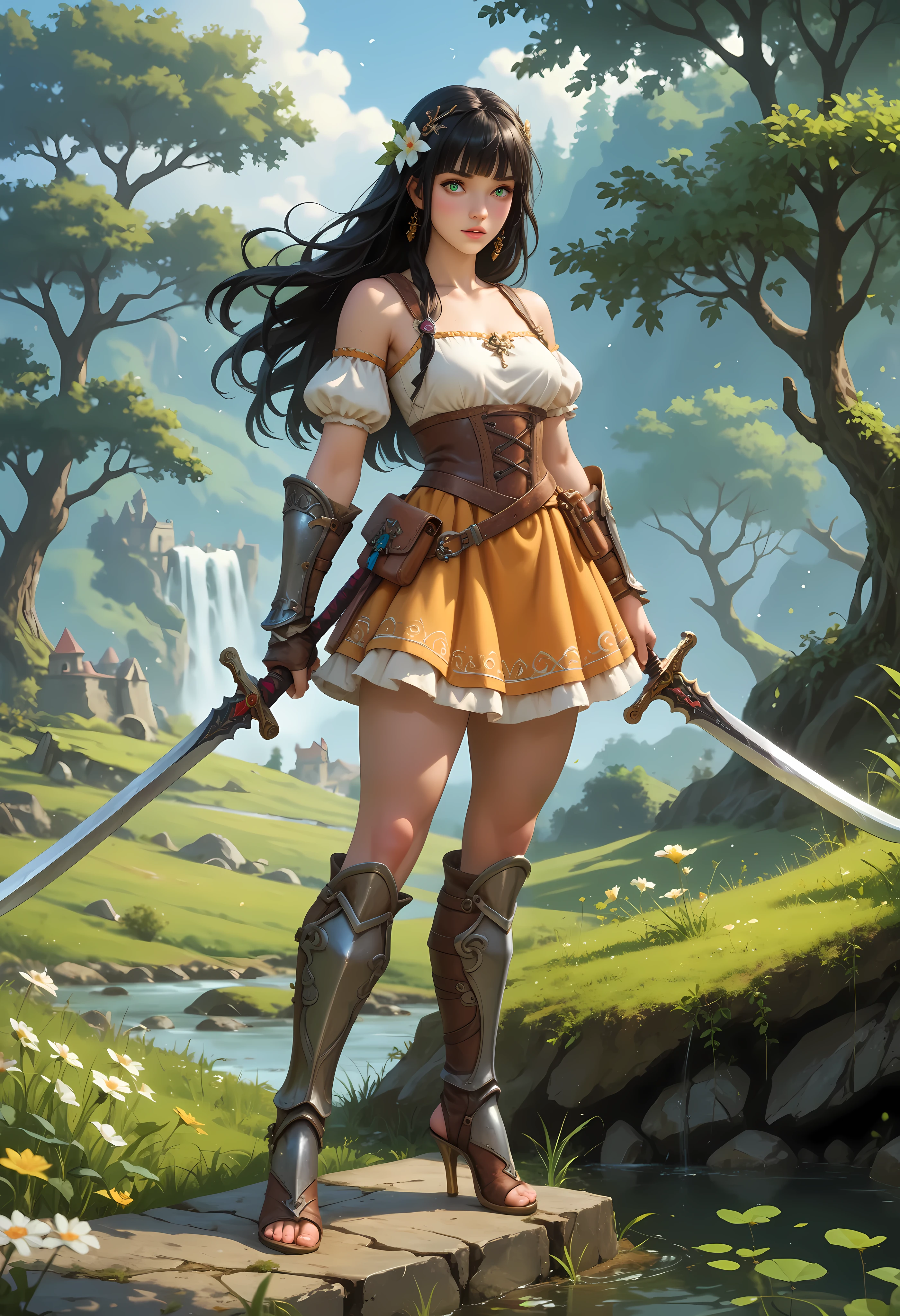 Song Eu-na is a youthful 18 yo female adventurer in a world of medieval high-fantasy story. Her job is warrior. Rocking that luscious long jet-black hair with blunt bangs and deep emerald eyes, she's also sporting a 90-62-100 B-W-H size. Her model long legs with thick thighs are to die for, both literally and figuratively. Her beauty is an epitome of natural, beauty. Her choice of armor are light and a bit revealing, western fantasy-style chest plate, mini skirt, gauntlets, heeled greaves. Sword. High fantasy-like, character for jrpg, masterpiece, best quality,