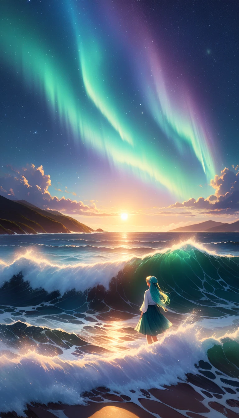 In this scene, a stunning woman, approximately 45 years old, stands proudly before a vast expanse of emerald ocean. the beach at night, stars shining in a clear celestial blue, a starry night. She's blonde, with slightly curled hair pulled back, gazing at the ocean with melancholy, a cigarette between her fingers, exhaling a breath of rainbow colors as if her creativity were escaping with that breath. We can see the melancholic look in her eyes, as if asking herself, 'What am I doing here?' In the background, friends dance around the bonfire, a little distant from her, creating a scene with depth, a masterpiece. 8K, detailed.